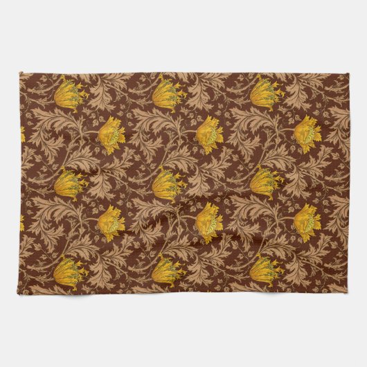 William Morris Anemone, Brown en Mustard Gold Theedoek (Horizontaal)