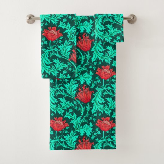 William Morris Anemone, Deep Red en Turquoise Bad Handdoek (Insitu)