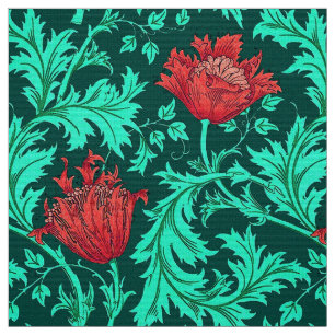 William Morris Anemone, Deep Red en Turquoise Stof