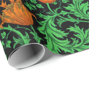 William Morris Anemone, Oranje, groen en zwart Cadeaupapier