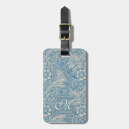William Morris, Art Nouveau Blue Marigold Monogram Bagagelabel (Voorkant verticaal)