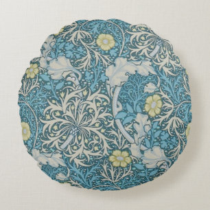 William Morris, art nouveau Patroon, zeewier, blau Rond Kussen