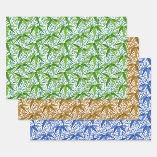 William Morris Bamboo Print, groen, goud en blauw Inpakpapier Vel (Set)