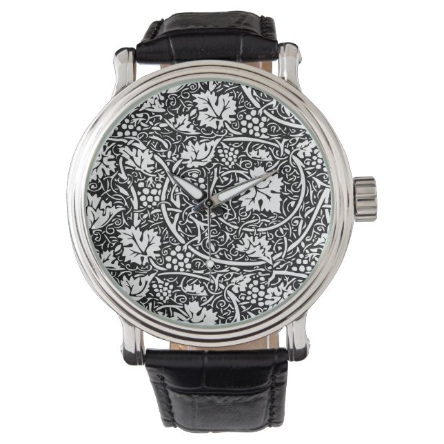 William Morris Black White Grape Vine Horloge (Voorkant)