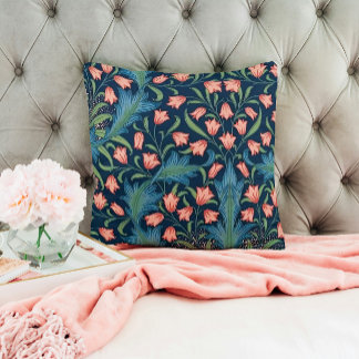 William Morris Blauw en Roze Bloemmotief Kussen