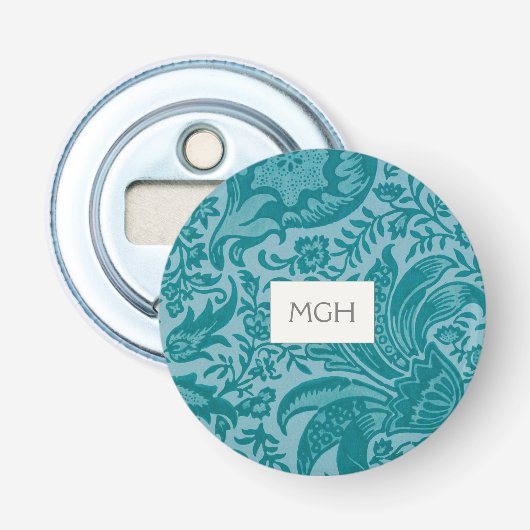  William Morris Blauwgroen Botanisch Monogram Button Flesopener (Voorkant)