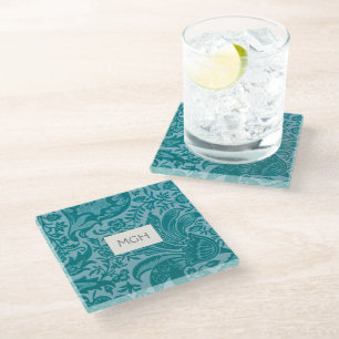  William Morris Blauwgroen Botanisch Monogram Glazen Onderzetter