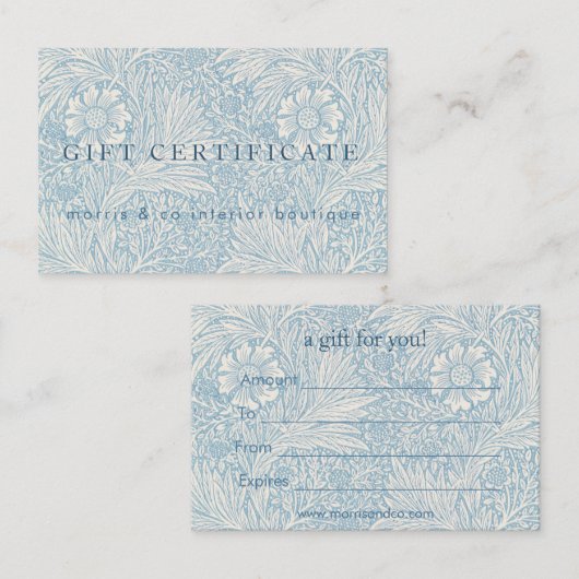 William Morris - Bleu Marigold certificat cadeau (Devant / Derrière)