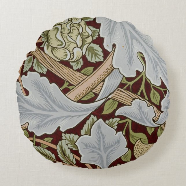 William Morris  Bloemen Wit Rood Rond Kussen (Voorkant)