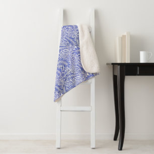 William Morris  Bloemenmotief Blauw Wit Sherpa Deken
