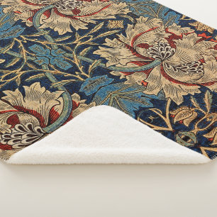 William Morris  Bloemenmotief Rood Blauw Sherpa Deken