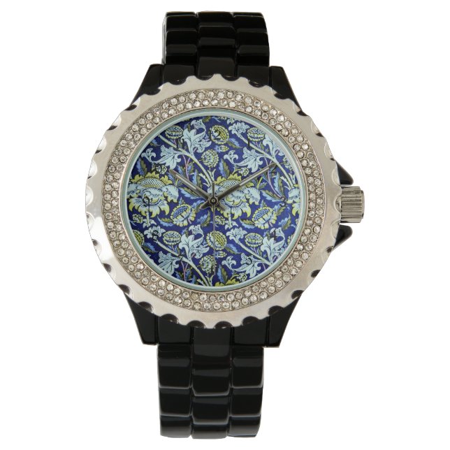 William Morris Blue Floral Pattern Horloge (Voorkant)