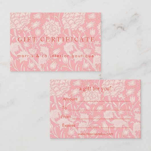 William Morris - Certificat cadeau pour tulipes sa (Devant / Derrière)