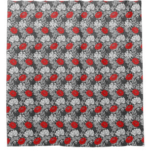 William Morris Chrysanten, Grijs en Rood Douchegordijn