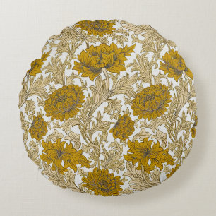 William Morris Chrysanthemum Floral Gouden Geel Rond Kussen