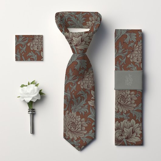 William Morris Chrysanthemum Pattern Blauwgroen Br Stropdas