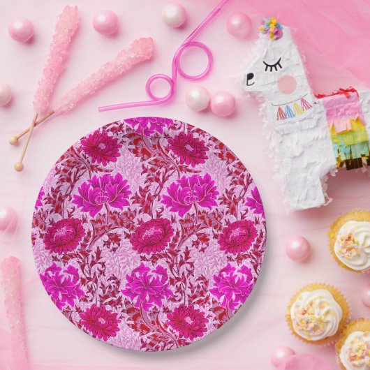 William Morris Chrysanthemums Burgundy en Pink Papieren Bordje (Feest)