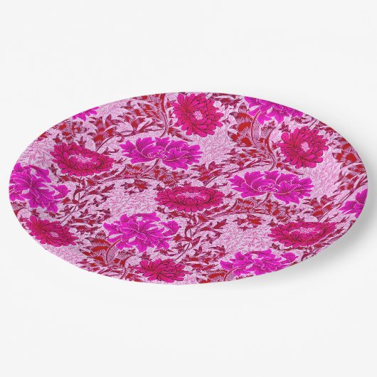 William Morris Chrysanthemums Burgundy en Pink Papieren Bordje (Gekanteld)