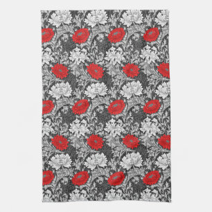 William Morris Chrysanthemums, Grey en Red Theedoek
