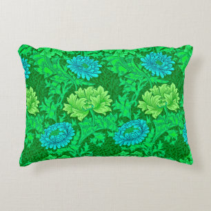 William Morris Chrysanthemums, Lime Green en Aqua Decoratief Kussen
