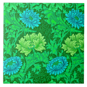 William Morris Chrysanthemums, Lime Green en Aqua Tegeltje