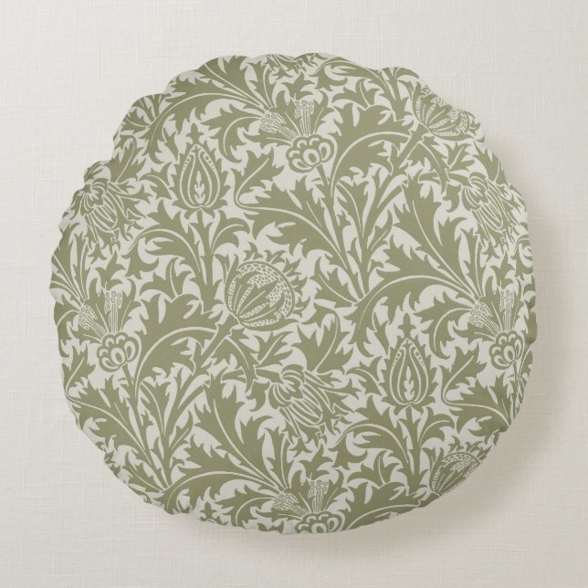 William Morris Distel Salie Groen Patroon Rond Kussen (Voorkant)