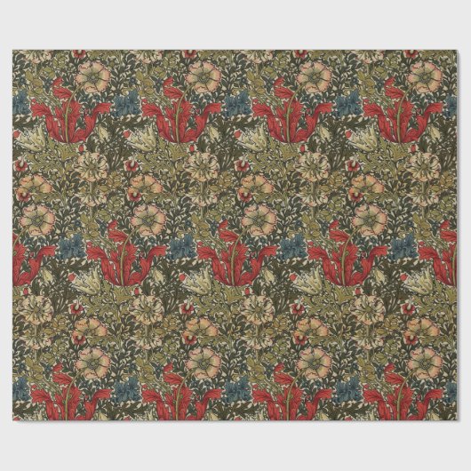 William Morris Elegant Bloemenpatroon Rood Groen Cadeaupapier (Vlak)