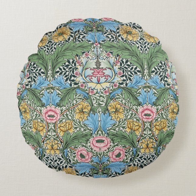 William Morris  Flowers Yellow Blue Rond Kussen (Voorkant)