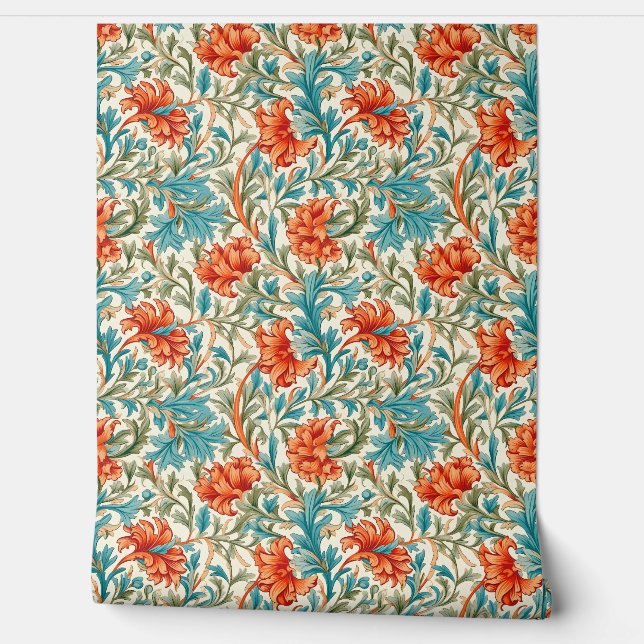 William Morris geïnspireerd terracotta pastel blau Behang (Afrollen)