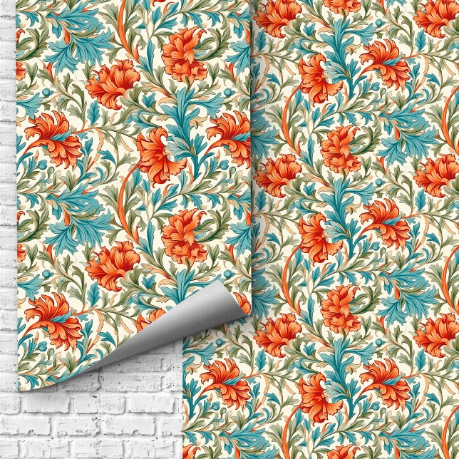 William Morris geïnspireerd terracotta pastel blau Behang (William Morris inspired terracotta pastel blue Wallpaper)