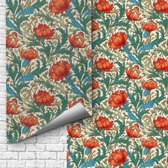 William Morris geïnspireerd terracotta pastel blau Behang (William Morris inspired terracotta pastel blue Wallpaper)