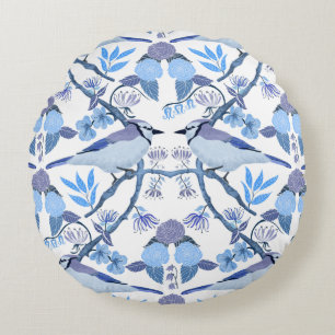 William Morris geïnspireerde Bluejay botanische af Rond Kussen
