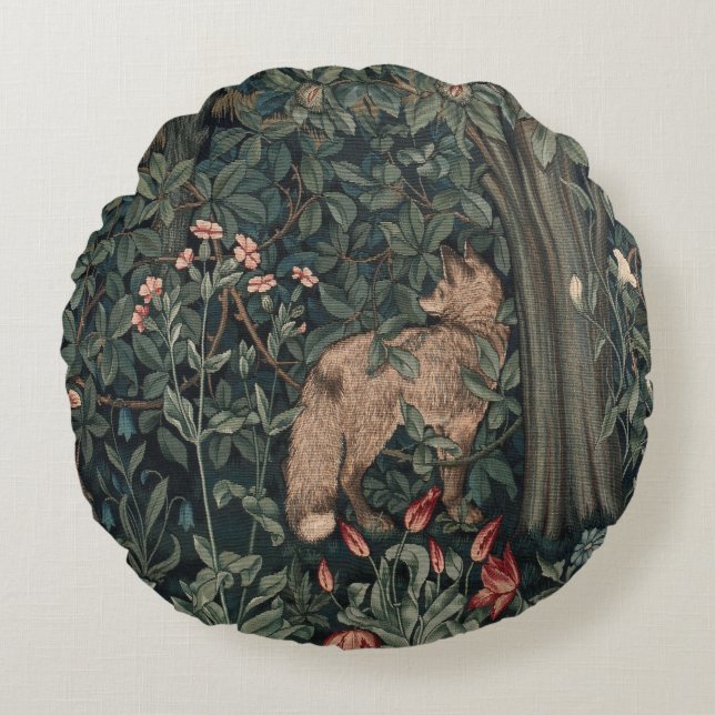 William Morris Greenery Fox Wildlife Rond Kussen (Voorkant)
