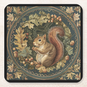 William Morris Herfst Chipmunk Bladeren Bessen Vierkante Kartonnen Onderzetter