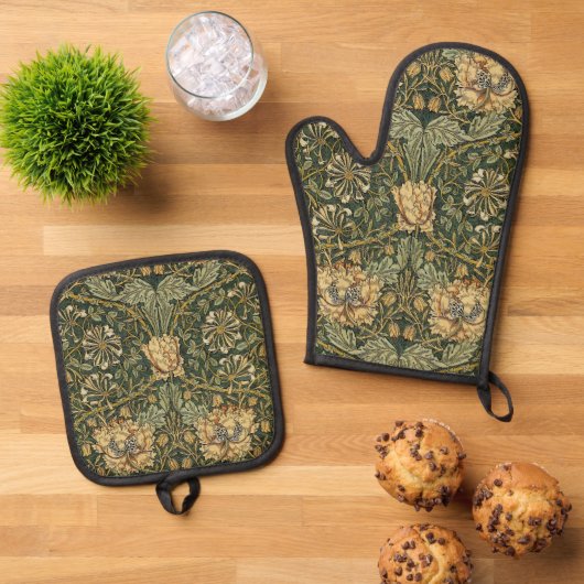 William Morris Honeysuckle Green Floral Ovenwant & Pannenlap Set (Top down)