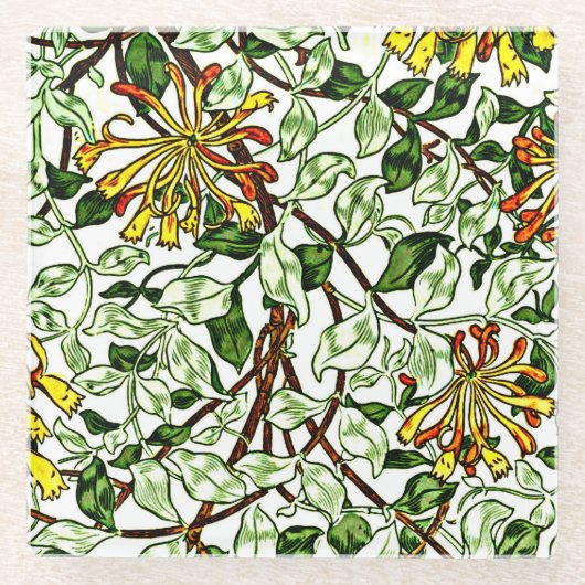 William Morris - Honeysuckle groen en geel goud Glazen Onderzetter (Voorkant)