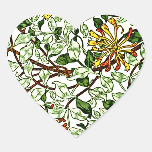 William Morris - Honeysuckle, groen en geel Hart Sticker (Voorkant)