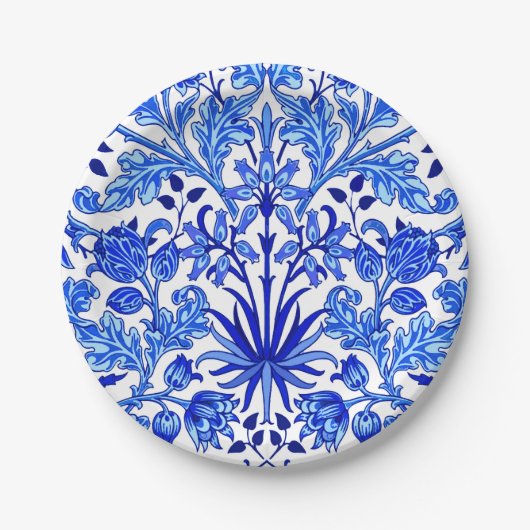 William Morris Hyacinth Print, Cobalt Blue en Whit Papieren Bordje (Voorkant)