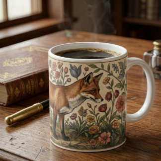William Morris Inspired Pattern Fox in Flowers Koffiemok