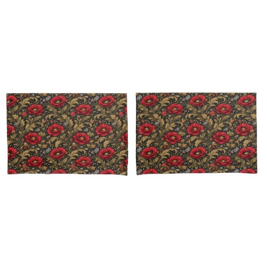 William Morris Inspired Pattern Red Poppy Kussensloop (Voorkant-Set)