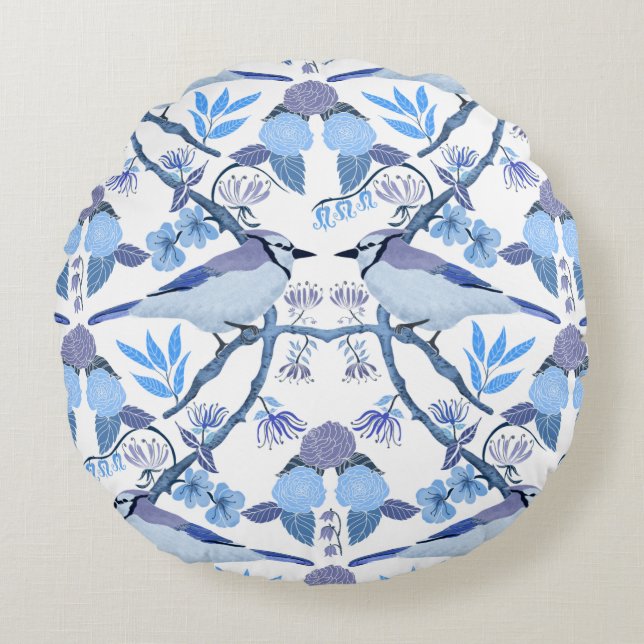 William Morris inspireerde Bluejay Botanical Rond Kussen (Voorkant)