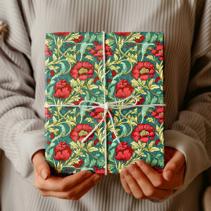 William Morris inspireerde dieprode pastelgroen bl Cadeaupapier