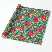 William Morris inspireerde dieprode pastelgroen bl Cadeaupapier (Uitgerold)