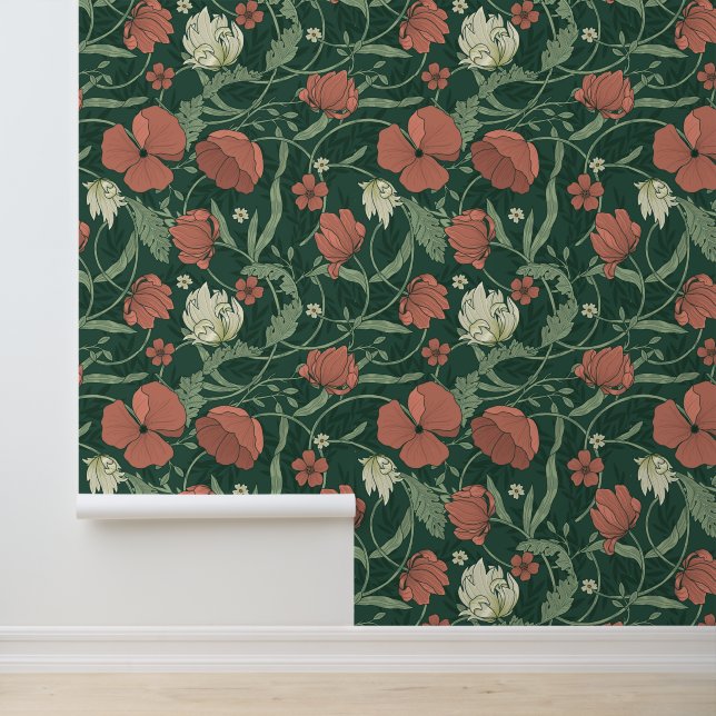 William Morris inspireerde Green Red Botanical Flo Behang (Applicatie)
