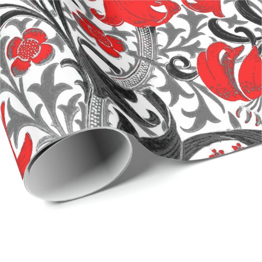 William Morris Iris en Lily, Black, White en Red Cadeaupapier (Rol Hoek)