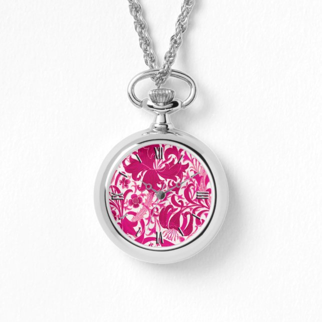 William Morris Iris en Lily, Fuchsia Pink Horloge (Voorkant)
