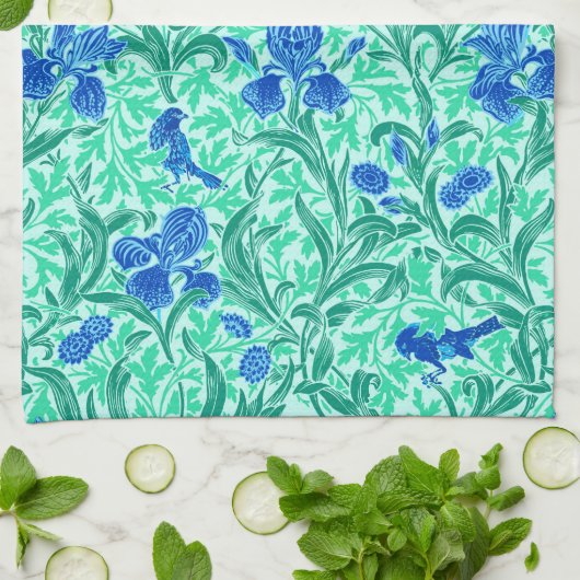 William Morris Irises, Cobalt Blue, Aqua en Blauwg Theedoek (Gevouwen)