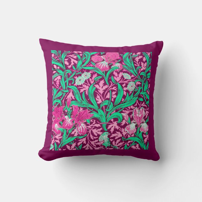 William Morris Irises, Fuchsia Pink en Wine Kussen (Voorkant)