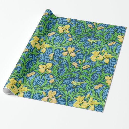 William Morris Irises, Geel en Kobalt Blue Cadeaupapier (Uitgerold)