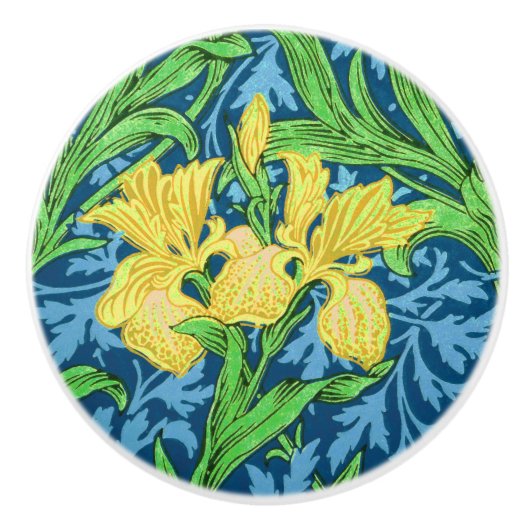 William Morris Irises, Geel en Kobalt Blue Keramische Knop (Voorkant)